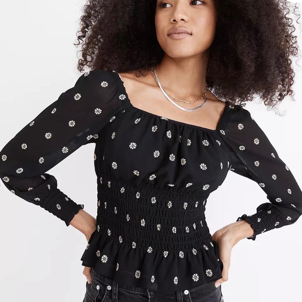 Georgette Square-Neck Smock-Waist Top in Bloom Dot